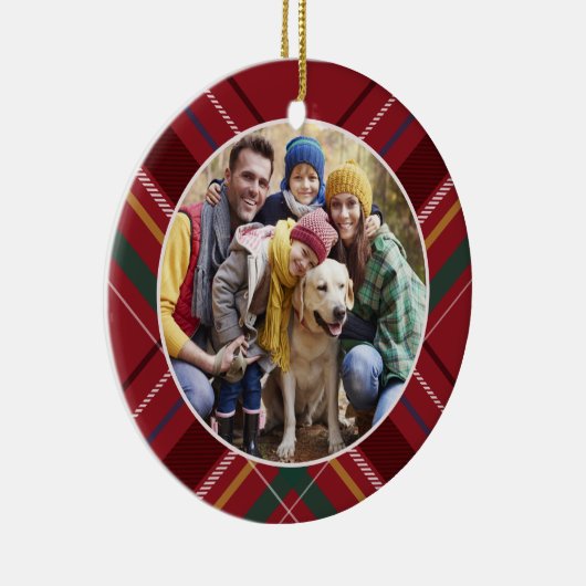 格子模様の写真は赤いパーソナライズされたクリスマス セラミックオーナメント (右)