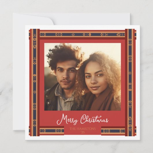 格子模様の赤いリボン縁どのクリスマスカード シーズンカード (正面)