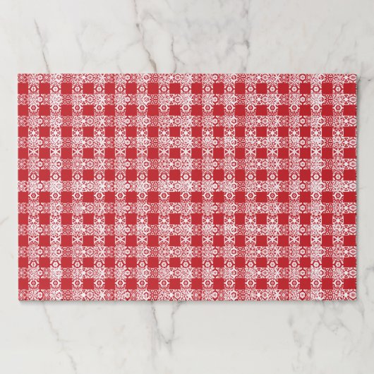 格子模様の赤い白いレースパターンのクリスマスランチョンマット ペーパーパッド (正面)
