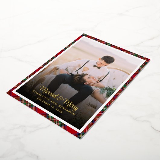 格子模様カップル写真タータンチェッククリスマス金ゴールド 箔シーズンカード (回転した状態)