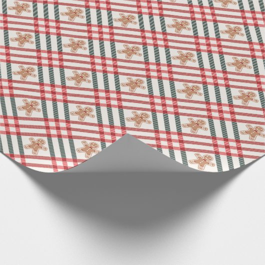 格子模様クリスマスジンジャーブレッド緑 ラッピングペーパー (角)