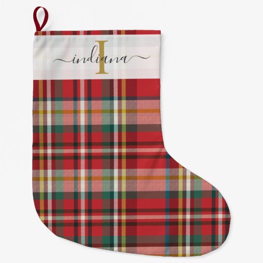 格子模様素朴クリスマス ラージクリスマスストッキング (正面)