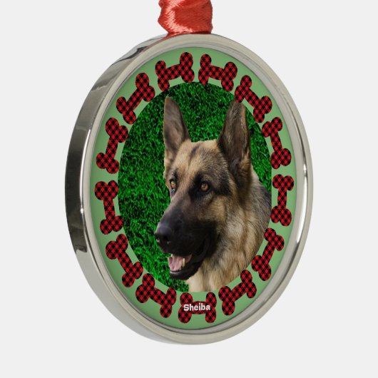 格子犬の骨フレームかわいいドージフォトクリスマス メタルオーナメント (右)