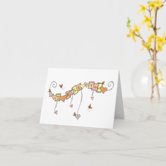 格子状のハートと蝶、私は恋しく思あなた カード (黄色い花)