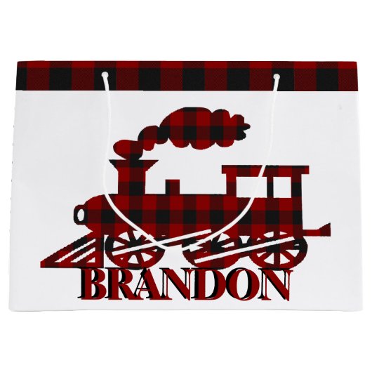 格子状のパーソナライズされた列車 ラージペーパーバッグ (正面)