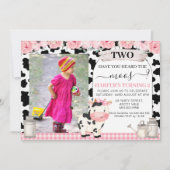 格子状の牛プリントピンクフローラフォトアーチ誕生日 招待状 (正面)