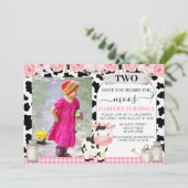 格子状の牛プリントピンクフローラフォトアーチ誕生日 招待状 (スタンド正面)