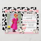 格子状の牛プリントピンクフローラフォトアーチ誕生日 招待状 (正面/裏面)