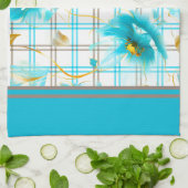 格子状の背景に赤ちゃん青の花 キッチンタオル (折り畳み)