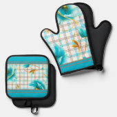 格子状の背景に赤ちゃん青の花 鍋つかみ&鍋敷きセット (正面/裏面)