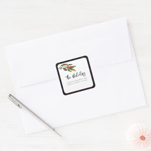 格子状エレガント素朴クラシックタータンチェック差出人住所 スクエアシール (封筒)