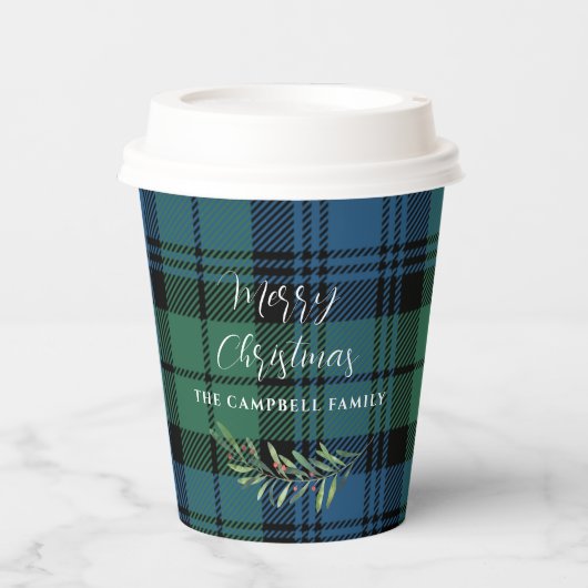 格子状グリーンチェッククリスマスホリデイタータンチェック 紙コップ (正面)