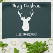 格子状タータンチェックグリーンホワイト〔雄ジカの〕枝角クリスマスファミリー キッチンタオル (折り畳み)