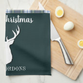 格子状タータンチェックグリーンホワイト〔雄ジカの〕枝角クリスマスファミリー キッチンタオル (四つ折り)