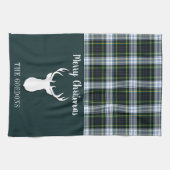 格子状タータンチェックグリーンホワイト〔雄ジカの〕枝角クリスマスファミリー キッチンタオル (横)