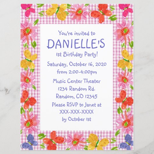 格子状バタフライテーマバースデーパーティ招待状 (正面)