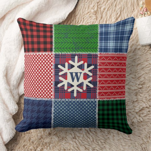 格子状パッチワークモノグラムのスノーフレークキルトデザイン クッション (ブランケット)