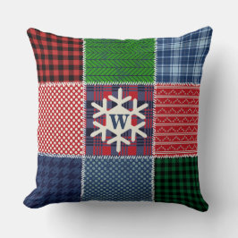 格子状パッチワークモノグラムのスノーフレークキルトデザイン クッション