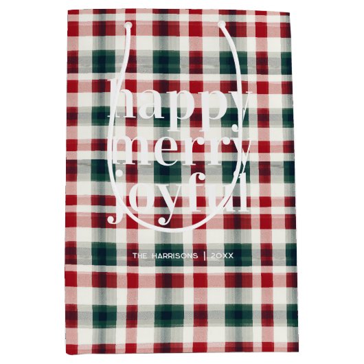 格子状モダンのクリスマス | Happy メリー Joyful ミディアムペーパーバッグ (正面)