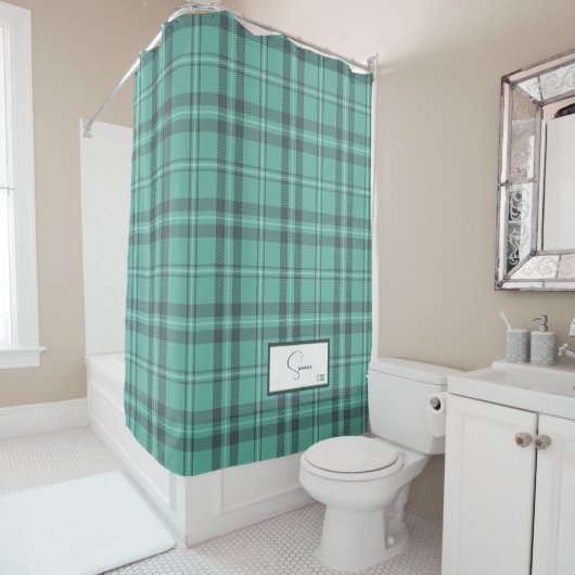 格子状モダンティール（緑がかった色）シャワーカーテン シャワーカーテン (インサイチュ)