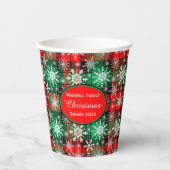 格子状及び雪片クリスマスパターン1文字 紙コップ (正面)