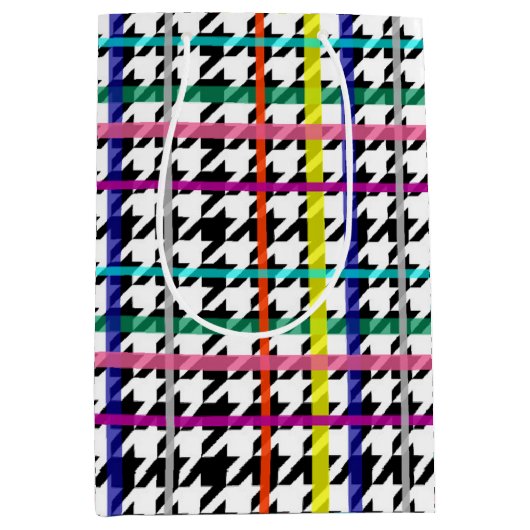 格子状数々のデザインの色の線千鳥格子の ミディアムペーパーバッグ (正面)