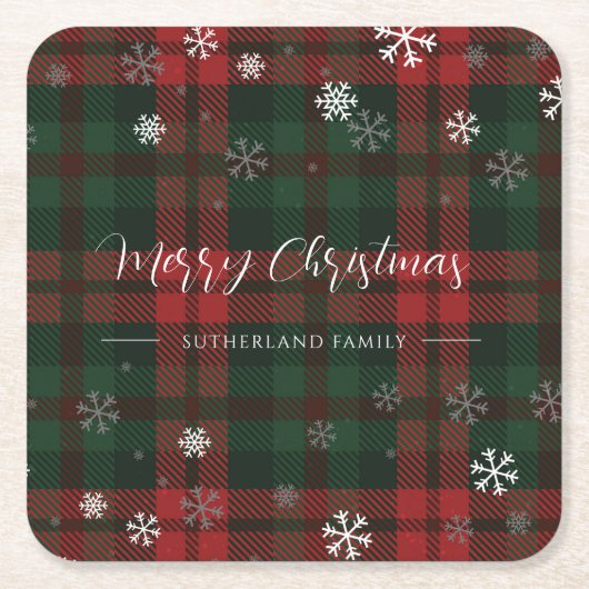 格子状雪の模様パーソナライズされた冬 スクエアペーパーコースター (正面)