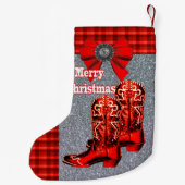 格子縞が付いている西部の赤いカウボーイ・ブーツ スモールクリスマスストッキング (裏面)