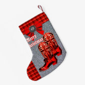 格子縞が付いている西部の赤いカウボーイ・ブーツ スモールクリスマスストッキング (裏面 (吊り時))