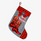 格子縞が付いている西部の赤いカウボーイ・ブーツ スモールクリスマスストッキング (正面 (吊り時))