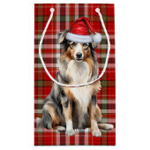 格子縞とオーストラリアの羊飼いのクリスマス犬 スモールペーパーバッグ (裏面)