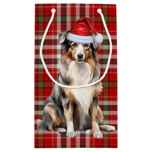 格子縞とオーストラリアの羊飼いのクリスマス犬 スモールペーパーバッグ (裏面)