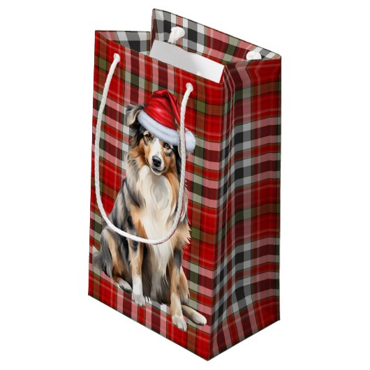 格子縞とオーストラリアの羊飼いのクリスマス犬 スモールペーパーバッグ (裏面アングル)