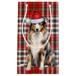 格子縞とオーストラリアの羊飼いのクリスマス犬 スモールペーパーバッグ
