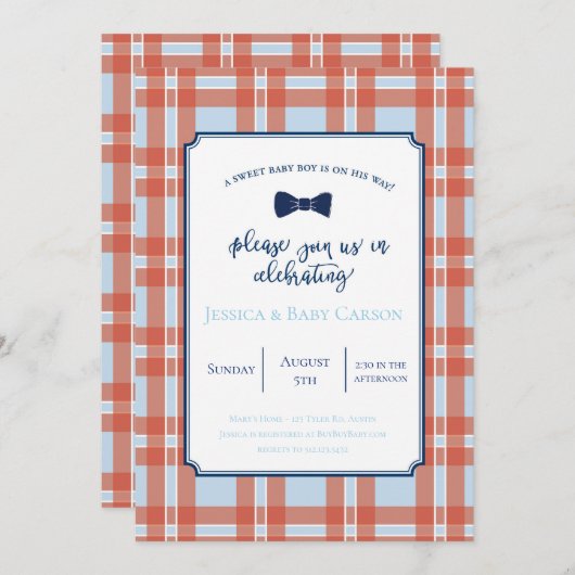 格子縞のちょうネクタイの男の赤ちゃんのシャワーの招待状 招待状 (正面/裏面)