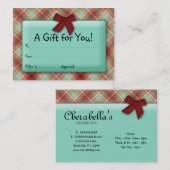 格子縞のギフト券の休日の弓赤のティール（緑がかった色） 割引カード (正面/裏面)