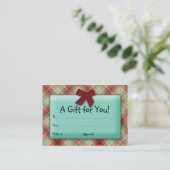 格子縞のギフト券の休日の弓赤のティール（緑がかった色） 割引カード (スタンド正面)