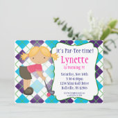 格子縞のゴルファーの女の子のゴルフ誕生日のパーティの招待状 招待状 (スタンド正面)