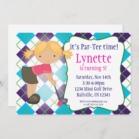 格子縞のゴルファーの女の子のゴルフ誕生日のパーティの招待状 招待状 (正面/裏面)