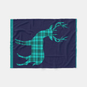 格子縞のシカの雄鹿のシルエット|のティール(緑がかった色)の濃紺 フリースブランケット (正面(横))