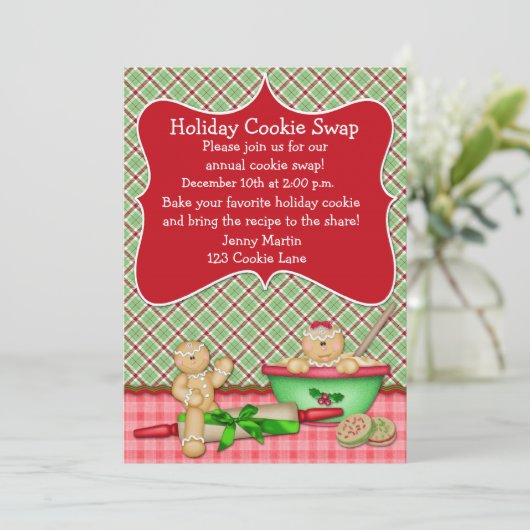 格子縞の休日のクッキーの交換の招待状 招待状 (スタンド正面)