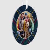 格子縞の家族の写真のパーソナライズされたクリスマス オーナメント (正面)