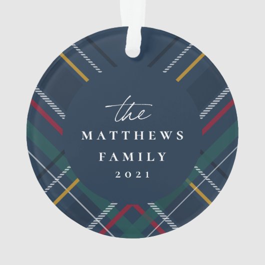 格子縞の家族の写真のパーソナライズされたクリスマス オーナメント (裏面)
