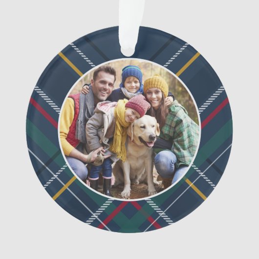 格子縞の家族の写真のパーソナライズされたクリスマス オーナメント (正面)