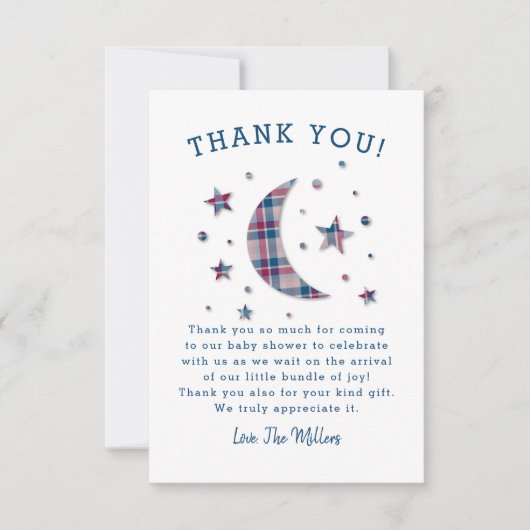 格子縞の月はベビーシャワーを主演します サンキューカード (正面)