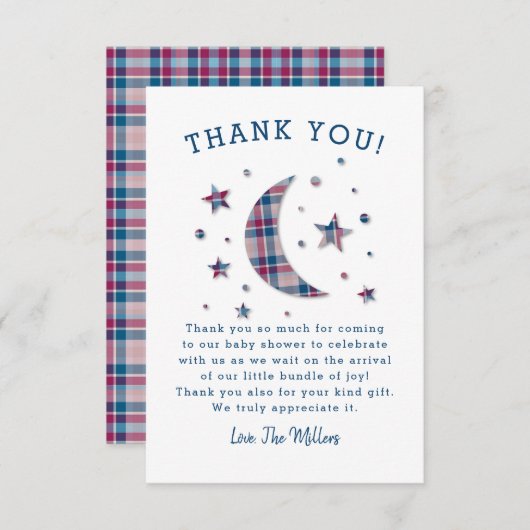 格子縞の月はベビーシャワーを主演します サンキューカード (正面/裏面)