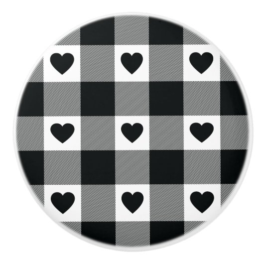 格子縞の水牛の白黒ハートパターン セラミックノブ (正面)
