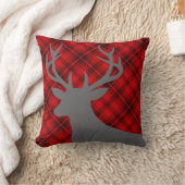 格子縞の素朴なシカの頭部のシルエット|の赤 クッション (ブランケット)