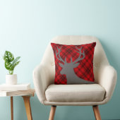 格子縞の素朴なシカの頭部のシルエット|の赤 クッション (椅子)