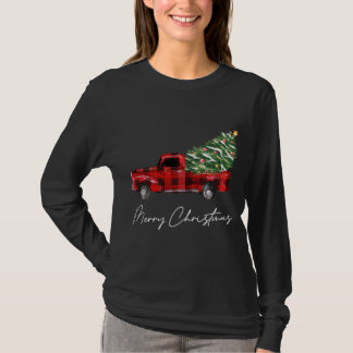 格子縞の赤いトラックのクリスマスメリークリスマスクリスマスツリー Tシャツ